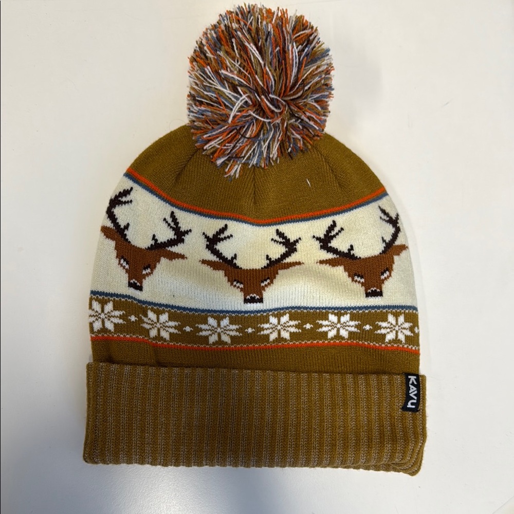 Kavu Brown and White Winter Knit Hat with Pom